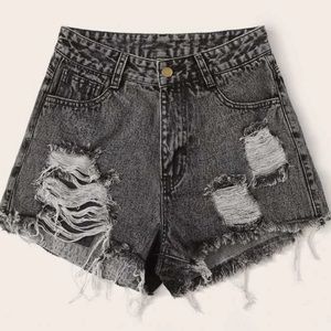 Raw hem ripped black/gray denim shorts